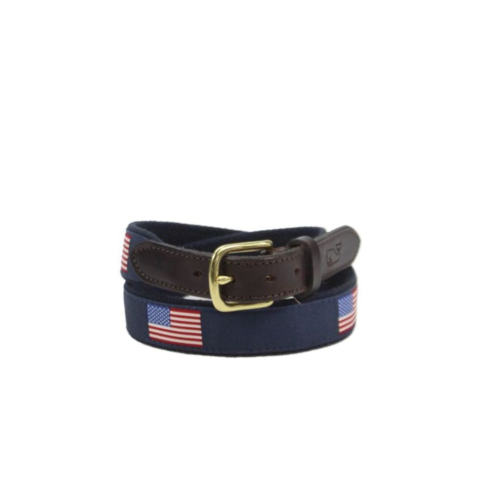 Vineyard Vines Womens Canvas Leather American Flag Belt Blue Brown Size 30